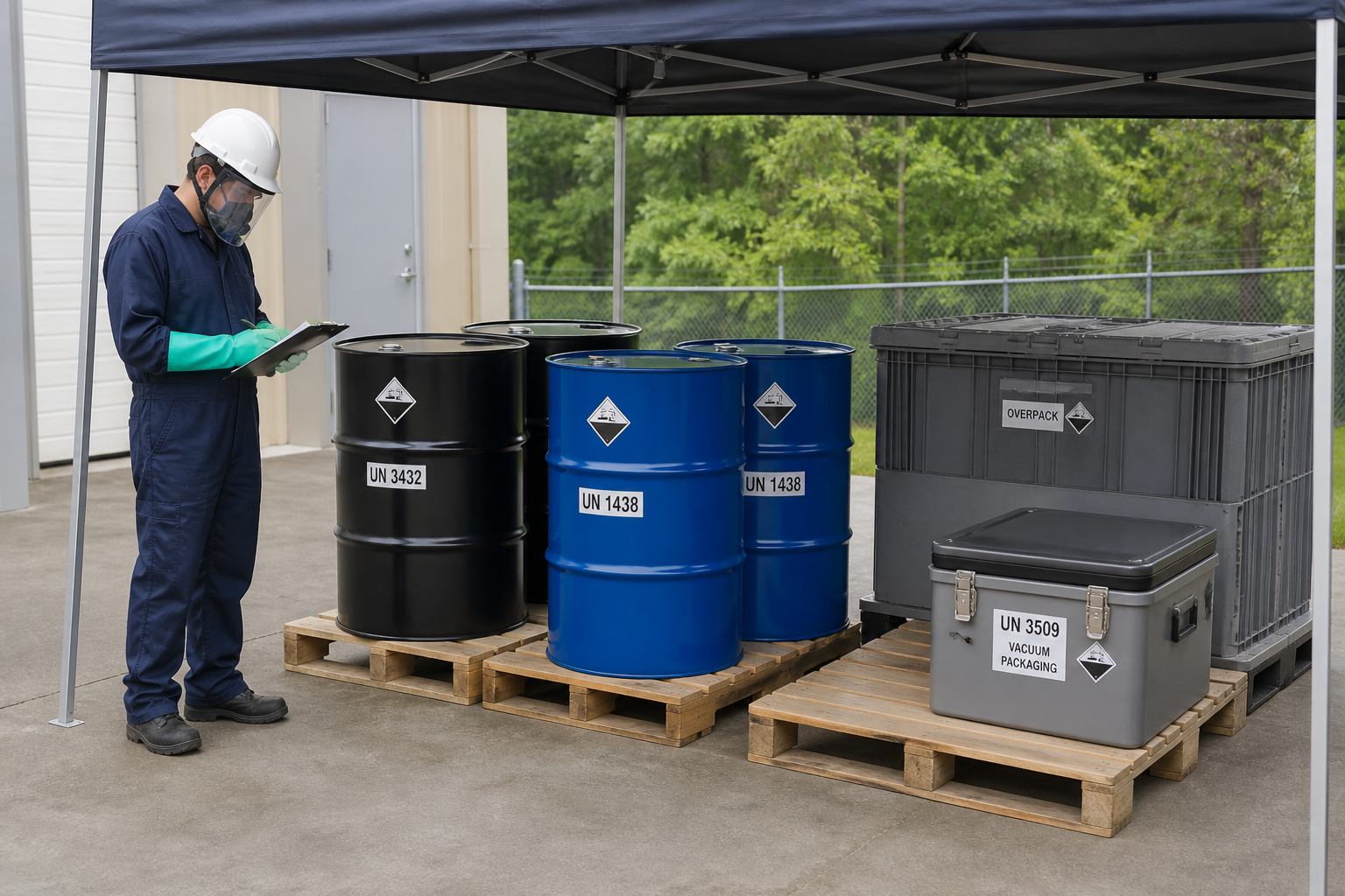 Certified chemical waste drums staged for DOT-compliant transport