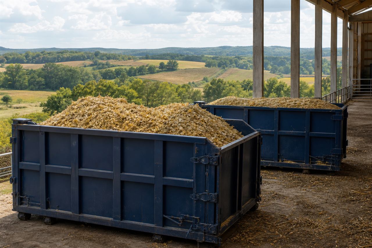 Bulk agricultural byproduct containers at a processing facility, staged from Jasper, TN